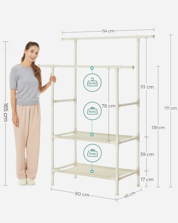 SONGMICS Raft de haine cu bara dubla pentru umerase, 2 polite, incarcare 70 kg, 114x45x171cm, alb - Image 6