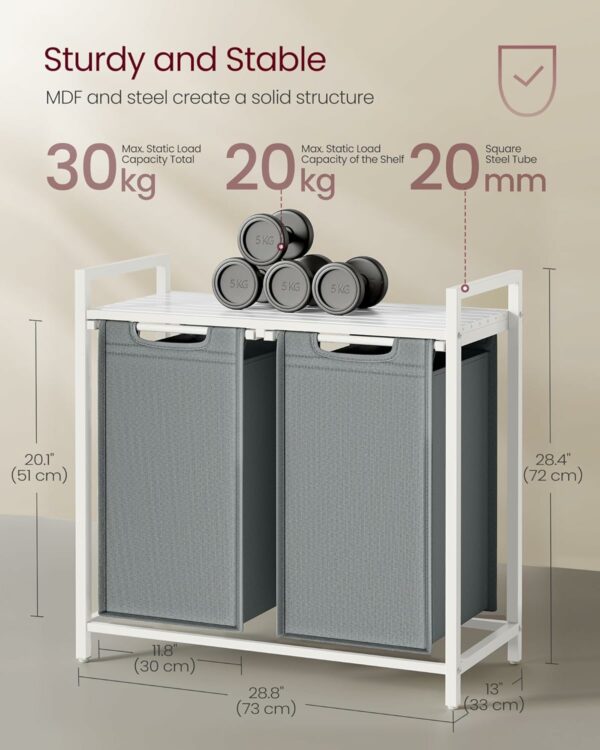 VASAGLE Cos de rufe, 2 compartimente, saci de rufe detasabili, raft, cadru metalic, 2x46L, 73x33x72 cm, alb si gri deschis - Image 6