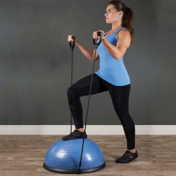 Fitness egyensúlyabda szalagokkal és pumpával, 200 kg, 57x25 cm, kék - Image 6