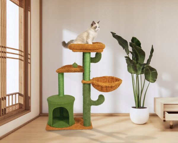 Ansamblu de joaca pentru pisici, model cactus, ascunzatoare, culcus, 47x47x90 cm, verde si portocaliu - Image 4