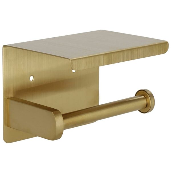 Suport hartie igienica din otel cu raft depozitare, sistem montare inclus, 13.5cm, auriu perlat - Image 8