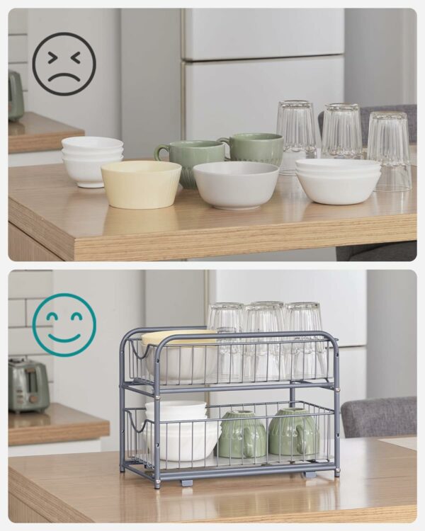 SONGMICS Raft organizator de depozitare cu 2 niveluri, cu sertare glisante, pentru bucatarie sau baie, 21x37x34cm, argintiu - Image 7