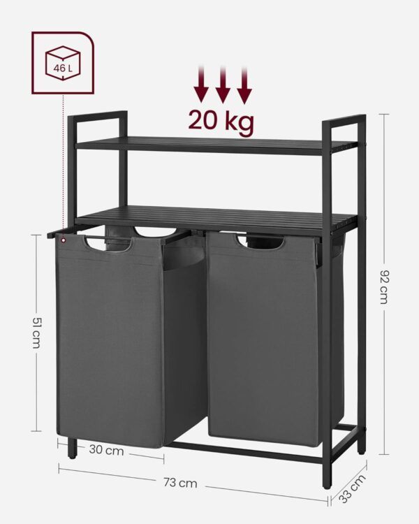 VASAGLE szennyeskosár, 2 kivehető zacskóval, 2 polccal, zacskónként 46L űrtartalom, 73x33x92cm, fekete és szürke - Image 7