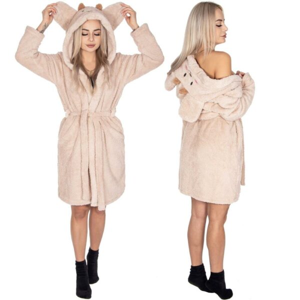 Női térdig érő fürdőköpeny, füles kapucni, L/XL méret, bézs - Image 6