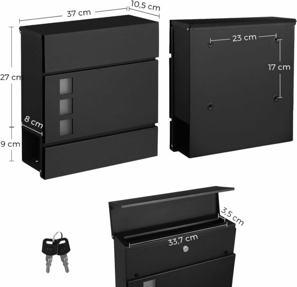 SONGMICS Kültéri postaláda, kerítésre vagy falra, horganyzott acél, zárral, 37x11x37cm, fekete - Image 8