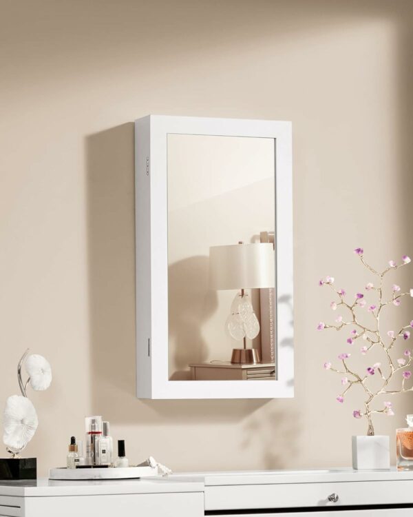 SONGMICS Ékszer szekrény tükörrel, falra szerelhető, zárható, 37x11x67cm, fehér - Image 8