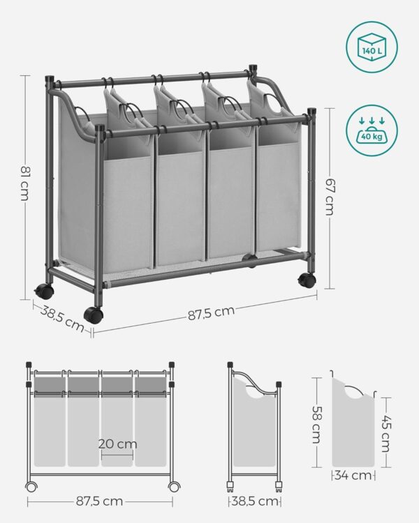 SONGMICS Szennyeskosár 4 kivehető zacskóval, kerekes fém szerkezet, 4x35L, 87x38x81cm, szürke - Image 9