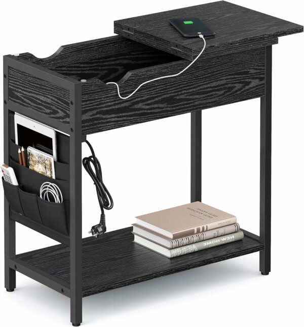 VASAGLE Összecsukható kisasztal, éjjeliszekrény típusú, aljzatokkal és USB portokkal, polccal és textiltáskával, 60x32x60 cm, fekete - Image 8