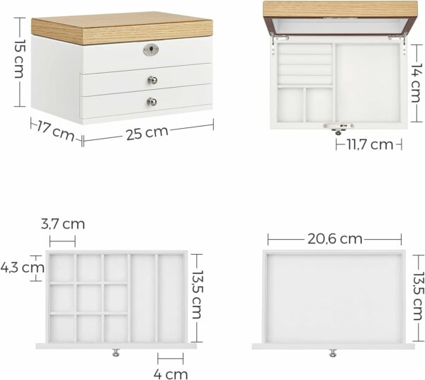 SONGMICS Ékszerdoboz 3 szintes, 2 fiókos, tükrös fedél, 17x25x15cm, fehér és barna - Image 8