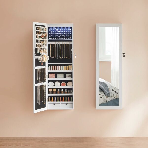 SONGMICS Ékszer szekrény tükörrel, falra szerelhető, zárható, 37x10x120cm, fehér - Image 10