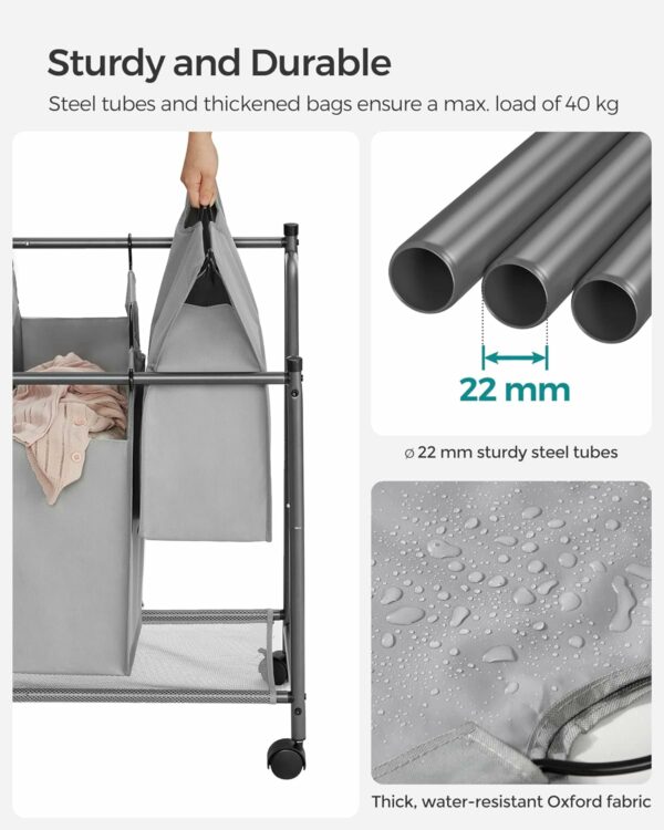 SONGMICS Szennyeskosár 4 kivehető zacskóval, kerekes fém szerkezet, 4x35L, 87x38x81cm, szürke - Image 10