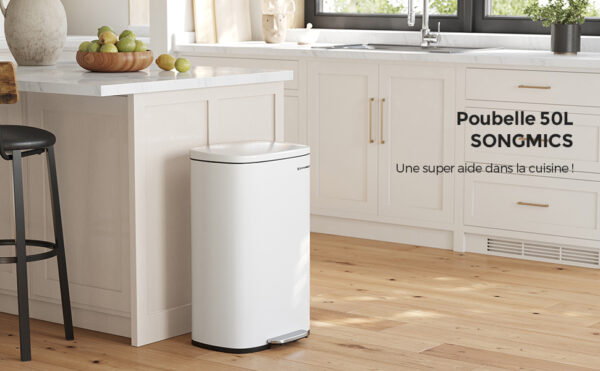 ÚJRACSOMAGOLT TERMÉK: SONGMICS Acél szemetes pedállal, műanyag belső vödör, lassan záródó fedél, 50L, 43x32x66cm, fehér - Image 14