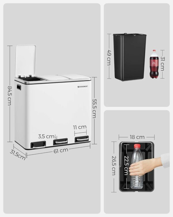 RESIGILAT: SONGMICS Cos de gunoi din inox cu 3 compartimente colectare selectiva, cu galeti interioare, 3x18litri, 62x32x56cm, alb - Image 13