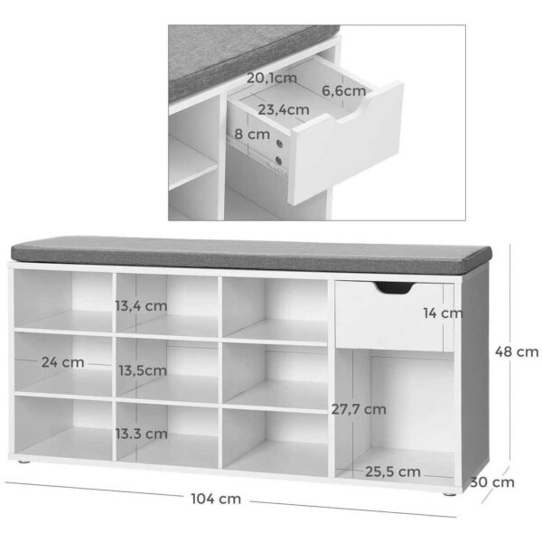 VASAGLE Banca de depozitare cu suport pentru pantofi, 10 compartimente si dulap, cu perna, 30x104x48cm, alb - Image 9
