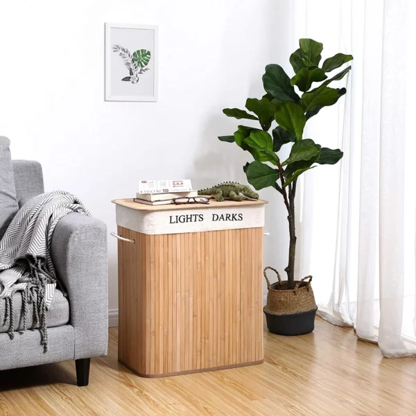 RESIGILAT: SONGMICS Cos de rufe din bambus cu capac, 2 compartimente, sac detasabil, volum 100L, 52x32x62cm, maro - Image 10