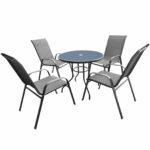 Set mobilier gradina, masa rotunda cu blat sticla securizata, 4 scaune metalice fixe, gri