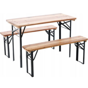 Tömör fából készült vízálló sörfőzde teraszra vagy kertre, asztallal és két paddal, 117x56cm, natúr
