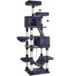 FEANDREA Macskajátszókészlet, fa típusú, 3 ággyal, függőággyal és 2 búvóhellyel, 60x50x206cm, sötétszürke