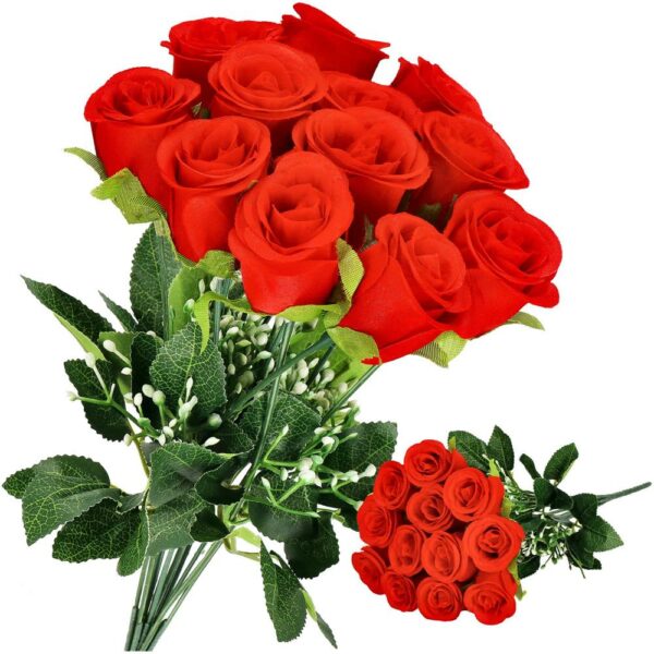Buchet de flori artificiale din poliester, 12 fire trandafiri, 38cm, rosu - Image 2