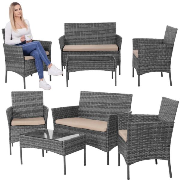 Terasz bútorkészlet, techno rattanból, asztal biztonsági üveglappal, 2 fotel és 1 kanapé párnákkal, szürke - Image 2