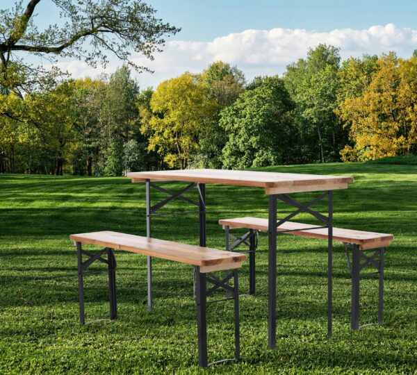 Tömör fából készült vízálló sörfőzde teraszra vagy kertre, asztallal és két paddal, 117x56cm, natúr - Image 2
