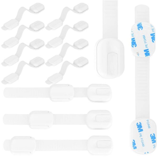 8 db fiók és ajtózár biztosíték készlet, műanyag és szilikon, állítható, 19 cm, fehér - Image 2