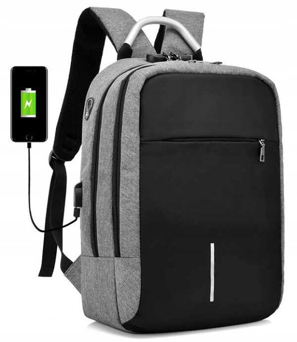 Vízálló hátizsák, lopásgátlóval, USB port, 45x14x30cm, 25 liter, fekete és szürke - Image 2