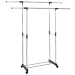 Ruhafogas kerekeken, dupla sínes, állítható magasságú és szélességű, krómozott alumínium, 155x45x150cm, ezüst