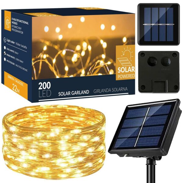 Ghirlanda luminoasa cu incarcare solara, 200 LED-uri, 22 metri, 8 functii, alb cald - Image 2