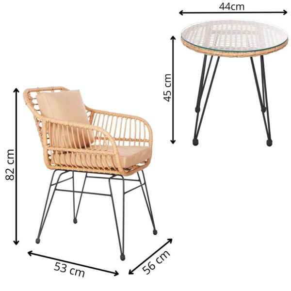 Terasz bútor garnitúra, rattan, asztal biztonsági üveglappal, 2 fotel párnákkal, barna - Image 2