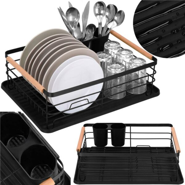 Uscator de vase cu suport tacamuri, din otel, cu tava de scurgere, manere lemn, 42x32x15cm, negru - Image 10