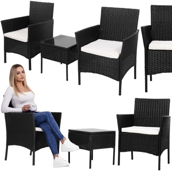 Terasz bútor készlet, technorattan, asztal biztonsági üveglappal, 2 fotel párnákkal, fekete - Image 11