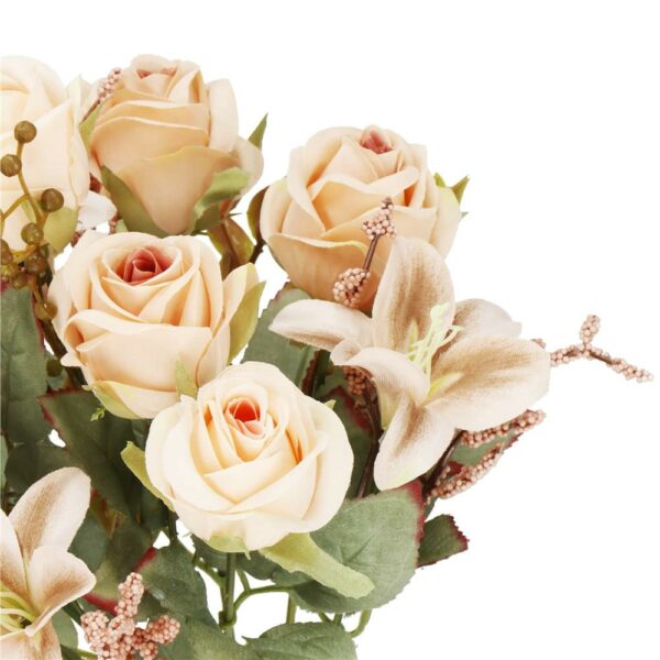 Buchet de flori artificiale din poliester, 10 fire trandafiri si crini, 37cm, crem - Image 10