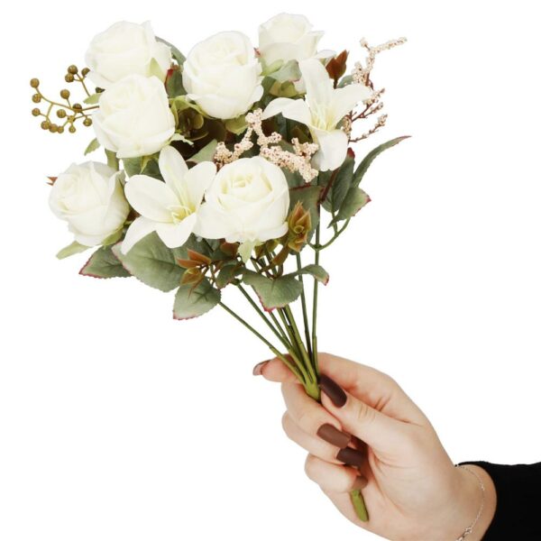 Buchet de flori artificiale din poliester, 9 fire trandafiri si crini, 37cm, alb - Image 10