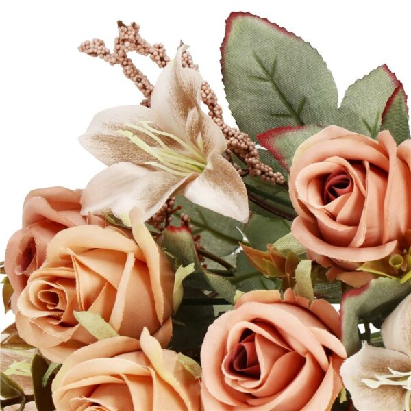 Buchet de flori artificiale din poliester, 9 fire trandafiri si crini, 37cm, roz - Image 10
