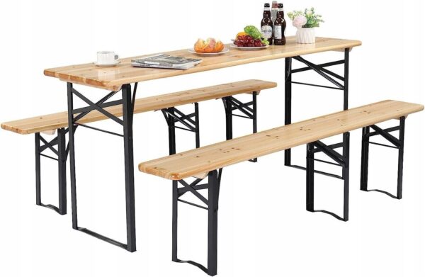 Set berarie din lemn masiv, pliabil, pentru terasa sau gradina, o masa si doua banci, 177x46cm, natur - Image 9