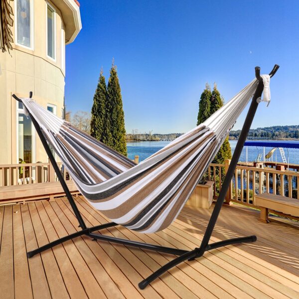 Hamac dublu pentru doua persoane, 200x150cm, 160kg, gri si maro - Image 11