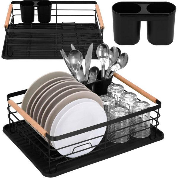 Uscator de vase cu suport tacamuri, din otel, cu tava de scurgere, manere lemn, 42x32x15cm, negru - Image 11