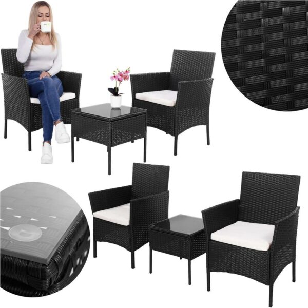 Terasz bútor készlet, technorattan, asztal biztonsági üveglappal, 2 fotel párnákkal, fekete - Image 12