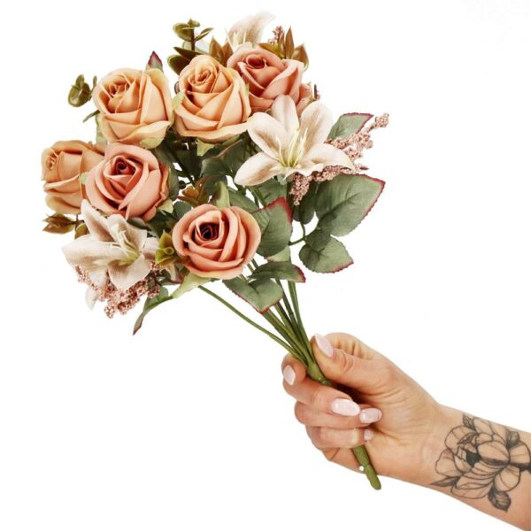 Buchet de flori artificiale din poliester, 9 fire trandafiri si crini, 37cm, roz - Image 11