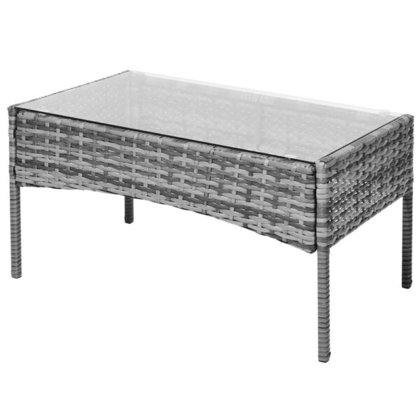 Terasz bútorkészlet, techno rattanból, asztal biztonsági üveglappal, 2 fotel és 1 kanapé párnákkal, szürke - Image 13