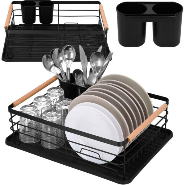 Uscator de vase cu suport tacamuri, din otel, cu tava de scurgere, manere lemn, 42x32x15cm, negru - Image 12
