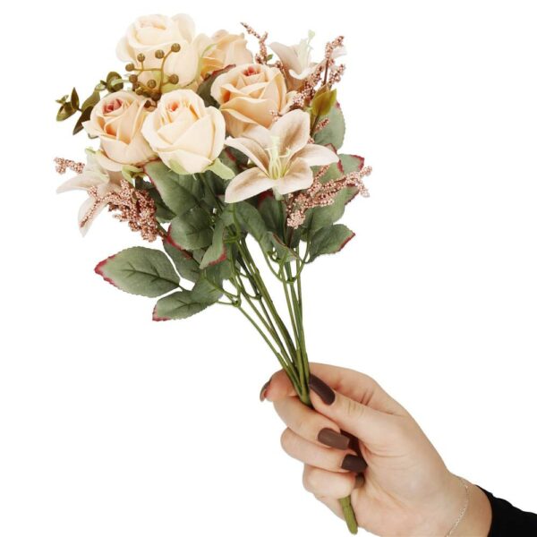 Buchet de flori artificiale din poliester, 10 fire trandafiri si crini, 37cm, crem - Image 12