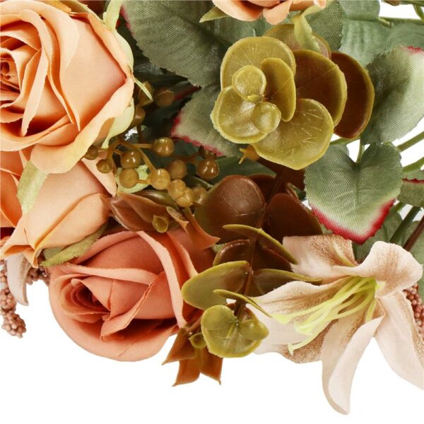 Buchet de flori artificiale din poliester, 9 fire trandafiri si crini, 37cm, roz - Image 12