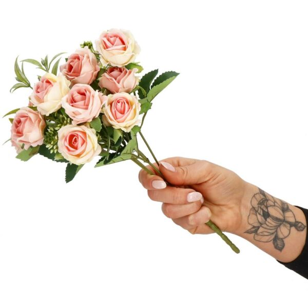 Buchet de flori artificiale din poliester, 10 fire trandafiri, 29cm, roz - Image 12