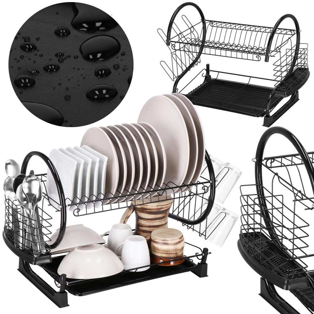 Uscator de vase cu suport pahare si tacamuri, din otel, pe 2 nivele, cu tava de scurgere, 52x25x37cm, negru - Image 24