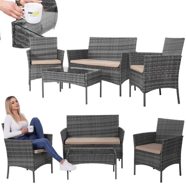 Terasz bútorkészlet, techno rattanból, asztal biztonsági üveglappal, 2 fotel és 1 kanapé párnákkal, szürke - Image 38