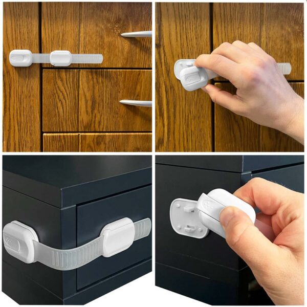 8 db fiók és ajtózár biztosíték készlet, műanyag és szilikon, állítható, 19 cm, fehér - Image 13