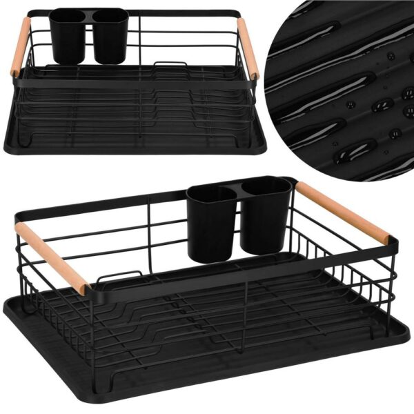 Uscator de vase cu suport tacamuri, din otel, cu tava de scurgere, manere lemn, 42x32x15cm, negru - Image 13