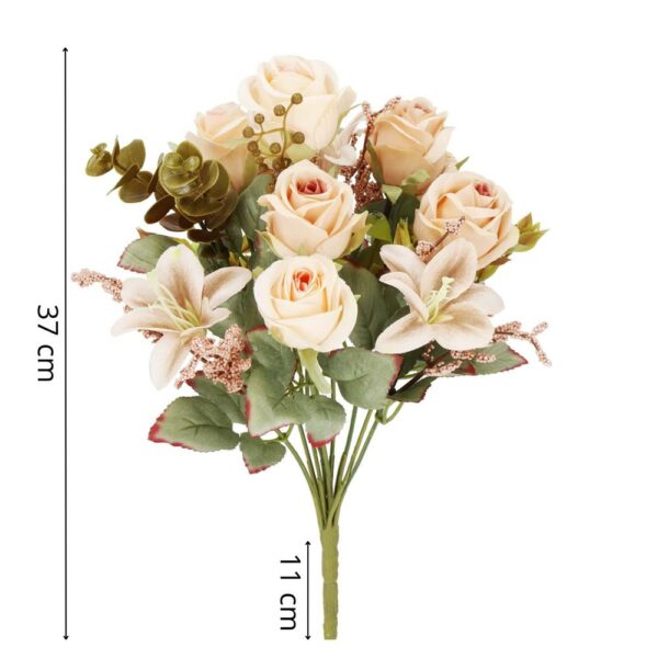 Buchet de flori artificiale din poliester, 10 fire trandafiri si crini, 37cm, crem - Image 13